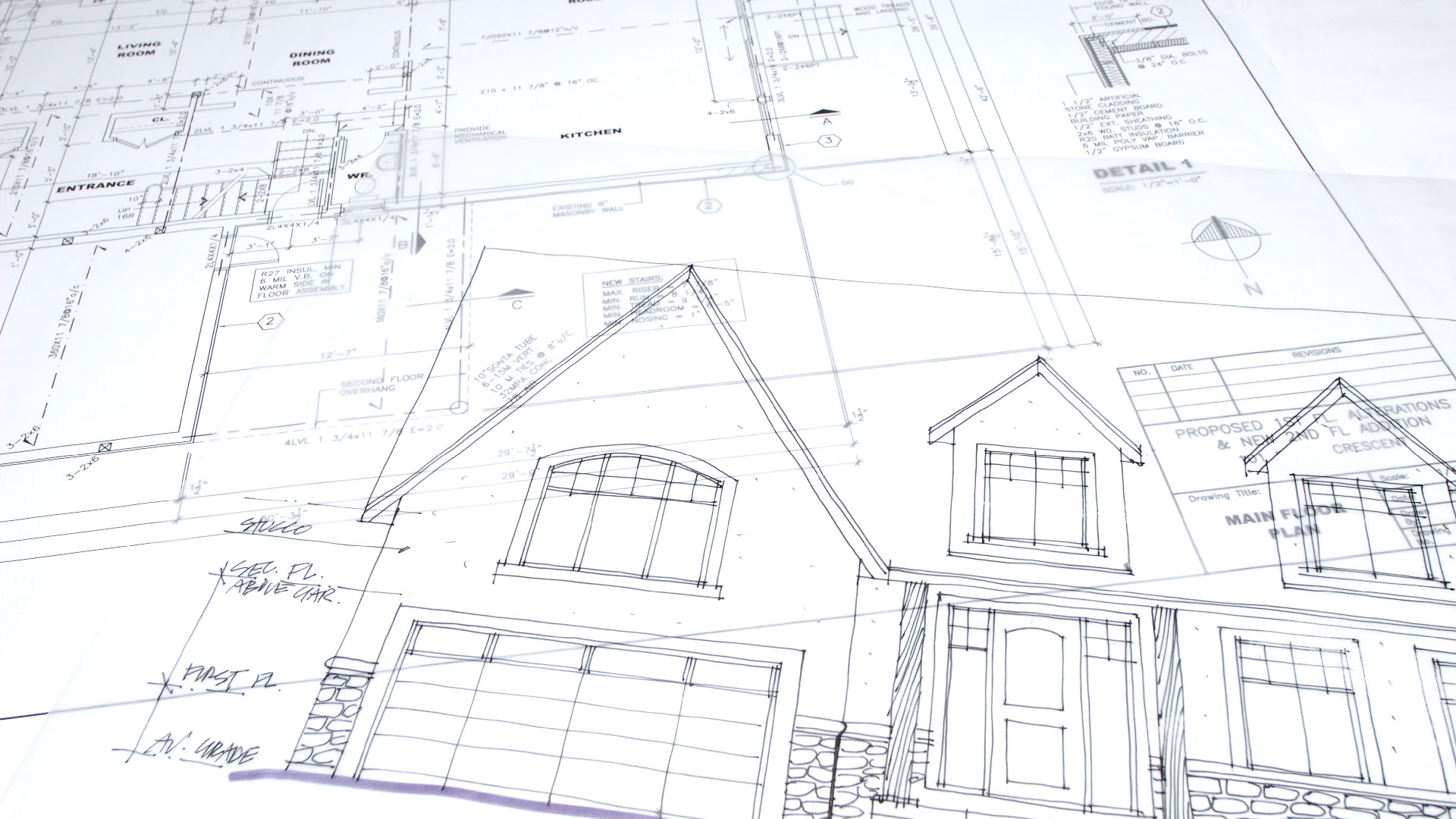 Close up of blue prints of a house.